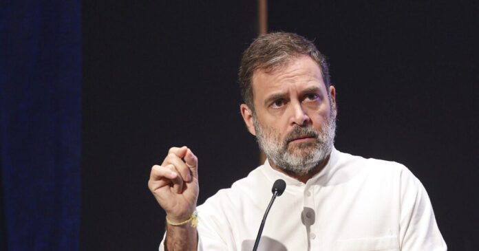 Rahul Gandhi addressing a rally amidst political tensions in India.