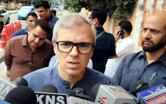 Jammu and Kashmir Chief Minister Omar Abdullah speaking to reporters